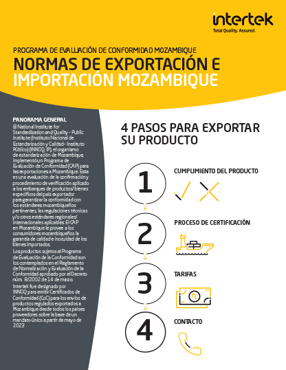 portada de un folleto sobre la obtención de un certificado de conformidad para exportar a Mozambique