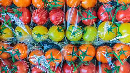 Filas de tomates rojos, amarillos y naranjas envasados ​​en celofán